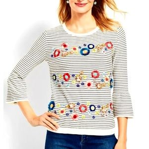 Talbots Beaded Flower Stripe Sweater Women’s Size M Embroidered Bell Sleeves